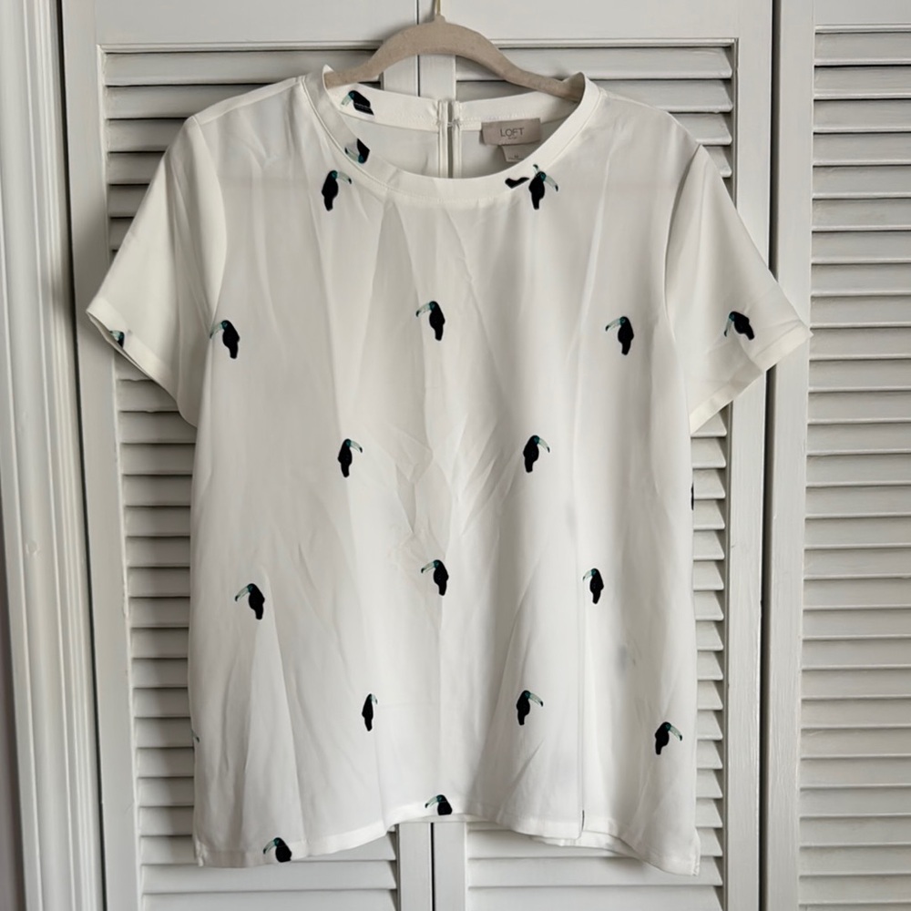 LOFT White Short Sleeve Blouse with Bird Print